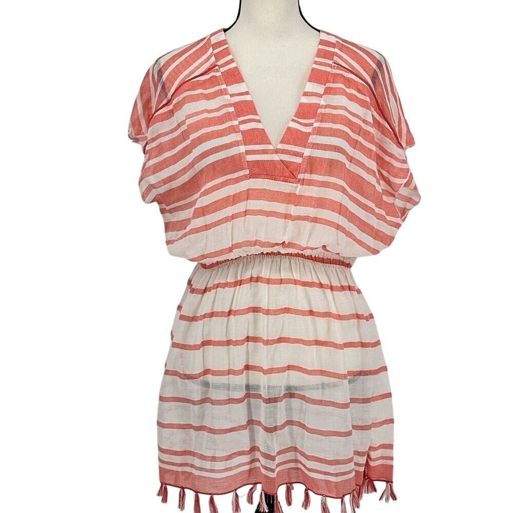 Athleta Beach Cover Up Tassel Trim Stripe Coral & White Size‎ Xsmall